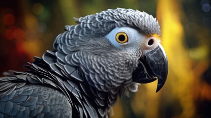 Grey parrot in the jungle. Close up portrait.