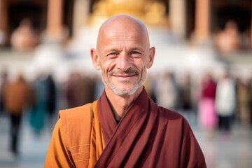 Portrait of a smiling senior Buddhist monk standing in front of the camera - obrazy, fototapety, plakaty