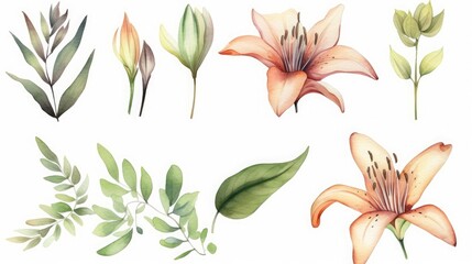 watercolor lily flowers and green leaves. Botanical design elements set, bohemian floral clip art collection, isolated on white background, Generative AI