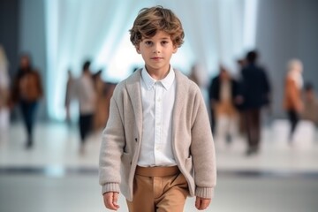 Medium shot portrait photography of a satisfied child male that is wearing a chic cardigan against an elegant fashion show runway with models background . Generative AI