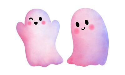 Watercolor pink baby ghosts illustration.Halloween pink ghost clipart.