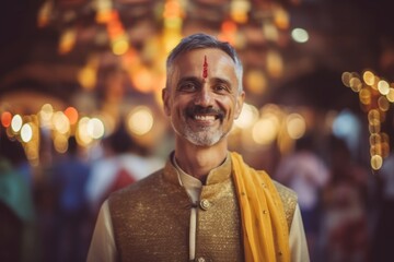Obraz premium Medium shot portrait photography of a grinning man in his 40s that is wearing a chic cardigan against a traditional indian wedding celebration background . Generative AI
