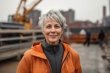 Portrait of a smiling senior woman in an orange jacket on a construction site
