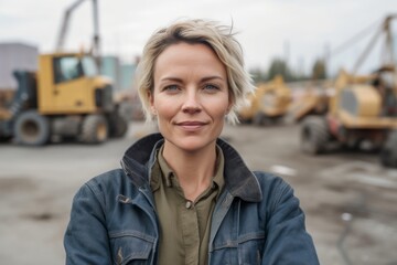Fototapeta premium Portrait of a beautiful blond woman in front of a construction site