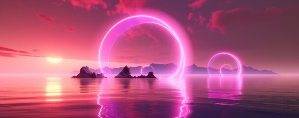 3d render, abstract fantasy panoramic background. Fantastic scenery wallpaper. Seascape with calm water under the pink sunset sky with clouds. Round mirrors and neon, Generative AI