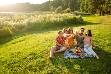 Group of happy friends cheers and drink beers on in summer park. Vacation, picnic, friendship or...