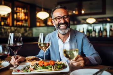 Medium shot portrait photography of a cheerful man in his 40s that is wearing a chic cardigan against a beautifully plated gourmet meal being served background . Generative AI