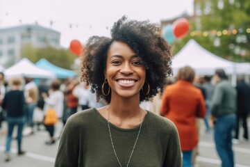 Medium shot portrait photography of a satisfied woman in her 30s that is wearing a chic cardigan against a neighborhood block party with food and games background . Generative AI