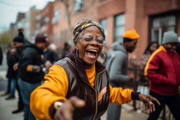 Medium shot portrait photography of a pleased woman in her 50s that is wearing a comfortable tracksuit against a neighborhood block party with food and games background . Generative AI