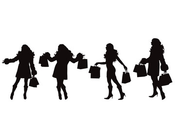 Set of vector silhouette of shopping women on white background.