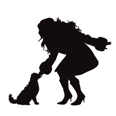 Vector silhouette of woman with her dog on white background.
