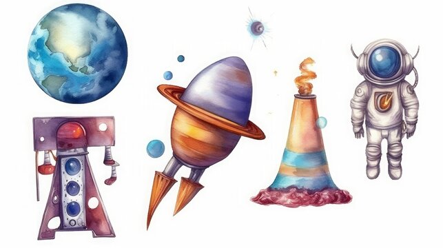 watercolor illustration. Astronaut spaceman rocket planet comet satellite. Set of space elements clip art isolated on white background, Generative AI