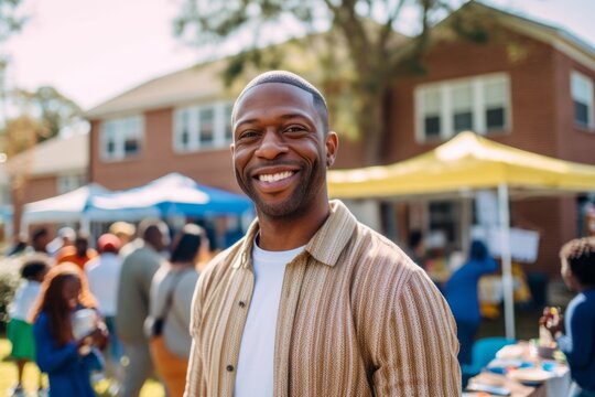 Medium shot portrait photography of a grinning man in his 30s that is wearing a chic cardigan against a neighborhood block party with food and games background . Generative AI