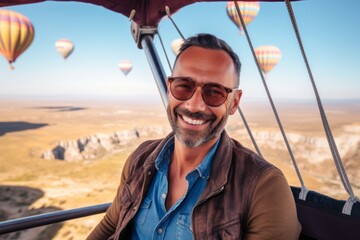 Handsome man enjoying hot air balloon flight in Cappadocia, Turkey
