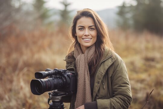 Beautiful young woman with professional camera on the autumn forest background.