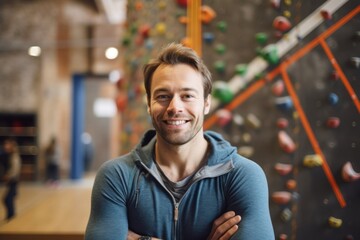 Portrait of smiling man standing with arms crossed in sports center during obstacle course