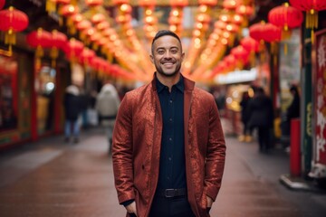 Obraz premium Medium shot portrait photography of a satisfied man in his 30s that is wearing a chic cardigan against a vibrant and bustling chinatown during lunar new year background . Generative AI