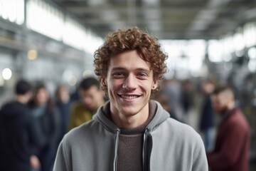 Close-up portrait photography of a grinning man in his 20s that is wearing a chic cardigan against a busy factory assembly line with workers background . Generative AI