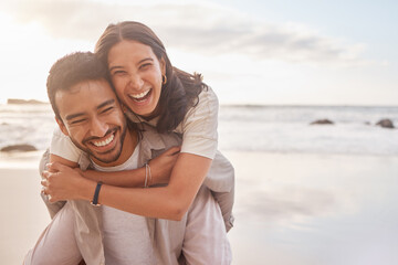 Couple, portrait and hug at the beach with happiness on vacation for love with sunshine. Man, woman...