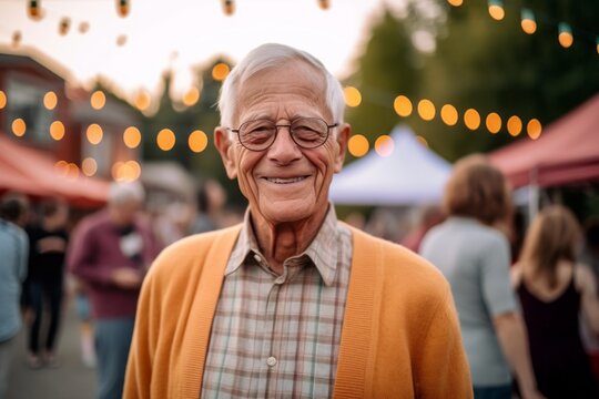 Medium shot portrait photography of a grinning man in his 70s that is wearing a chic cardigan against a neighborhood block party with food and games background . Generative AI