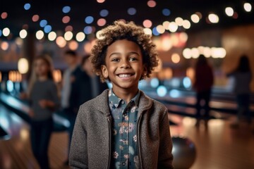 Medium shot portrait photography of a cheerful child male that is wearing a chic cardigan against a noisy and animated bowling alley with friends background . Generative AI - obrazy, fototapety, plakaty