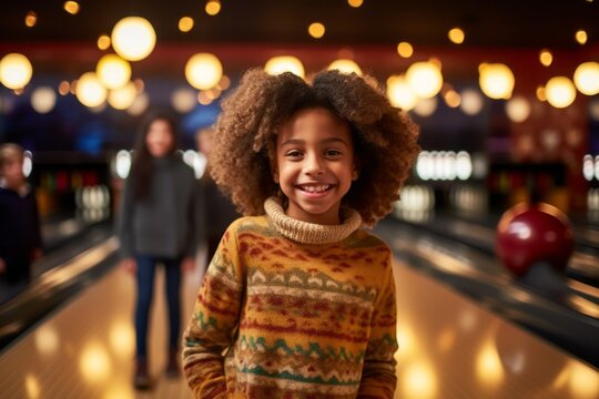 people, leisure, sport and entertainment concept - happy african american little girl with bowling ball in club