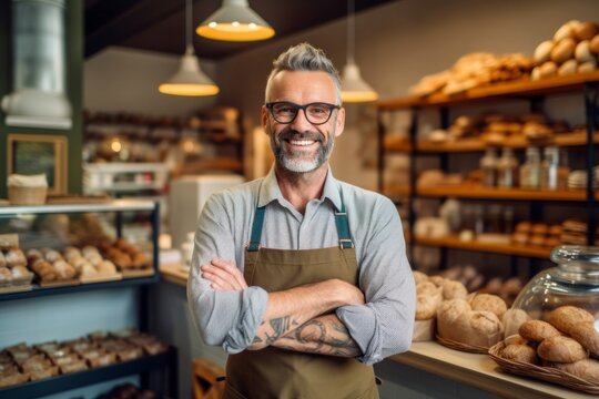 Medium shot portrait photography of a pleased man in his 40s that is wearing a chic cardigan against a busy bakery with freshly baked goods and bakers at work background . Generative AI