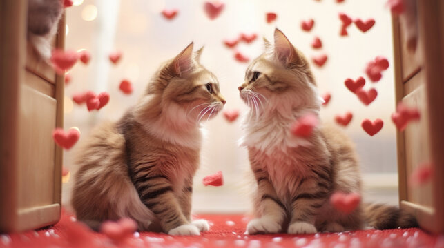 The cat celebrates Valentine's Day, February 14, March 8, love and date. Two kittens together AI generated.