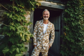 Portrait of a senior man in a leopard print suit.