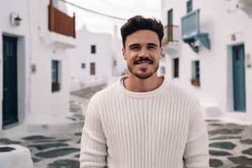 Handsome young man in white sweater is smiling and looking at camera while standing on the street in Santorini