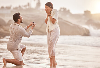 Couple at beach, wow for proposal and engagement with love and commitment with ocean and people outdoor. Travel, mockup space and man propose marriage to woman, surprise and happiness with care - obrazy, fototapety, plakaty