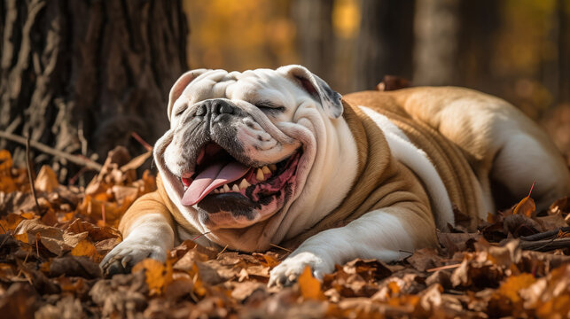 Bulldog dog lying on the ground full of fall autumn