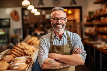 Medium shot portrait photography of a satisfied man in his 40s that is wearing a chic cardigan against a busy bakery with freshly baked goods and bakers at work background . Generative AI - obrazy, fototapety, plakaty