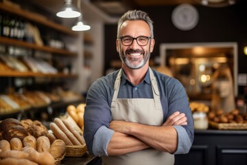 Portrait of smiling mature male baker standing with arms crossed in bakery