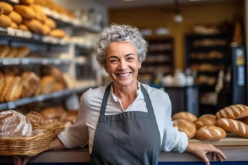 Fotobehang Portrait of smiling female staff holding basket of bread in bakery shop © Anne-Marie Albrecht