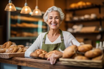 Portrait of smiling senior woman selling bread at counter in bakery shop