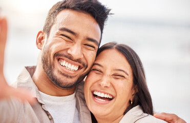 Couple outdoor, face and laughing in selfie with romantic date, social media post with love and care. Trust, care and commitment, man and woman funny together with happiness in picture and memory