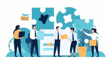 A team of experts. Finding solution. Web, advertising, human resources and accounting experts holds puzzle elements. illustration, Generative AI