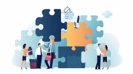 A team of experts. Finding solution. Web, advertising, human resources and accounting experts holds puzzle elements. illustration, Generative AI