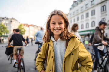 Plakat Medium shot portrait photography of a pleased child female that is wearing a chic cardigan against a group bike tour through a city's highlights background . Generative AI