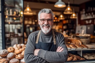 Medium shot portrait photography of a cheerful man in his 50s that is wearing a chic cardigan against a busy bakery with freshly baked goods and bakers at work background . Generative AI - obrazy, fototapety, plakaty