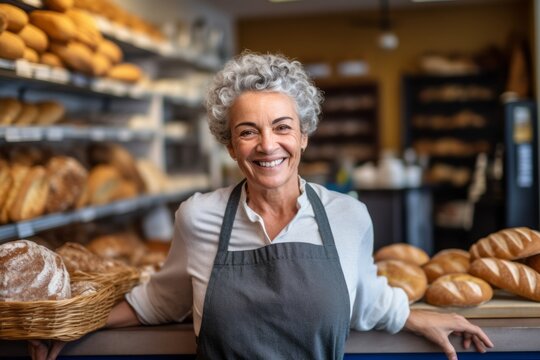 Portrait of smiling female staff holding basket of bread in bakery shop - Powered by Adobe