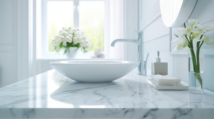 Naklejka na ściany i meble White modern bathroom interior. Empty marble table top for product display with blurred bathroom interior background. 