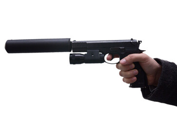 Man hand aiming with a pistol with a silencer