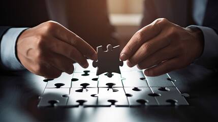 Businessman hands connecting puzzle pieces represent of merging two companies