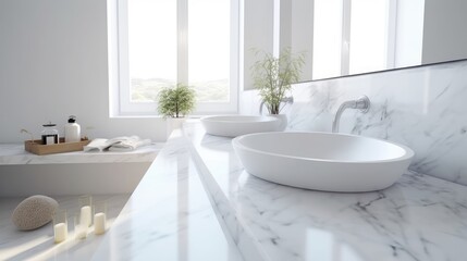 White modern bathroom interior. Empty marble table top for product display with blurred bathroom interior background. 