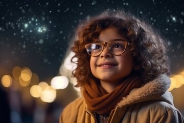 Medium shot portrait photography of a satisfied child female that is wearing a chic cardigan against a captivating stargazing event with telescopes background . Generative AI