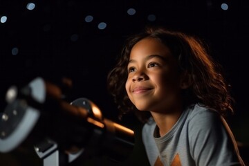 Medium shot portrait photography of a pleased child female that is wearing a casual t-shirt against a captivating stargazing event with telescopes background . Generative AI - obrazy, fototapety, plakaty
