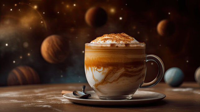 cappuccino coffee with universe dreams planet background