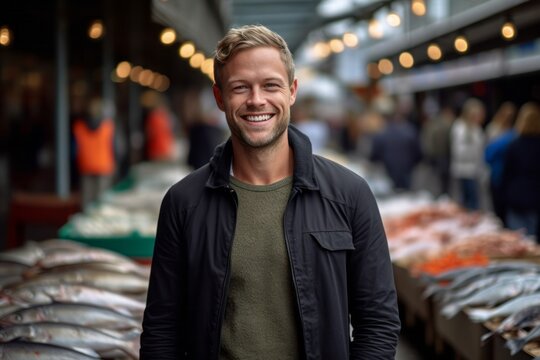 Medium shot portrait photography of a pleased man in his 30s that is wearing a chic cardigan against a bustling fish market with vendors selling their catch background . Generative AI